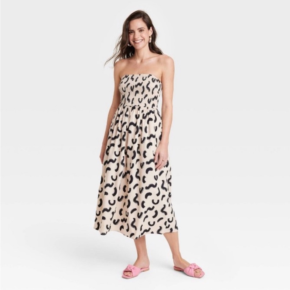 a new day Strapless Smocked Tube Sundress Tan/Black Abstract Squiggle Print XS